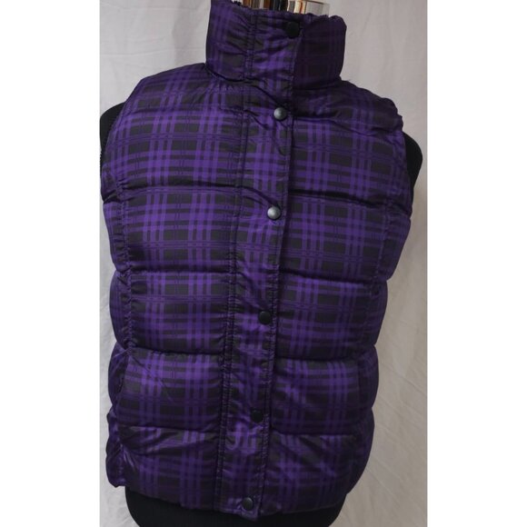 Faded Glory Womens Juniors Small 4-6 Purple Black Plaid Zip Snap Puffer Vest - Picture 1 of 12